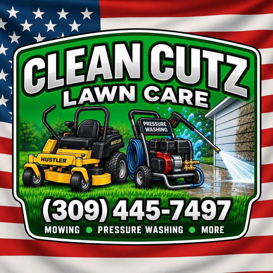 Clean Cutz Lawn Care promotional logo with mower and pressure washer