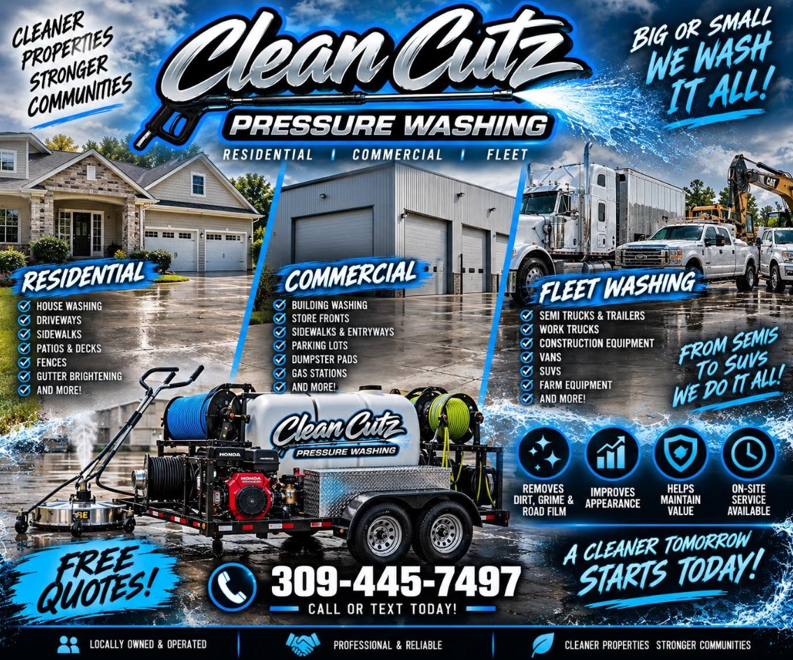 Clean Cutz Pressure Washing promotional graphic showing residential, commercial, and fleet services