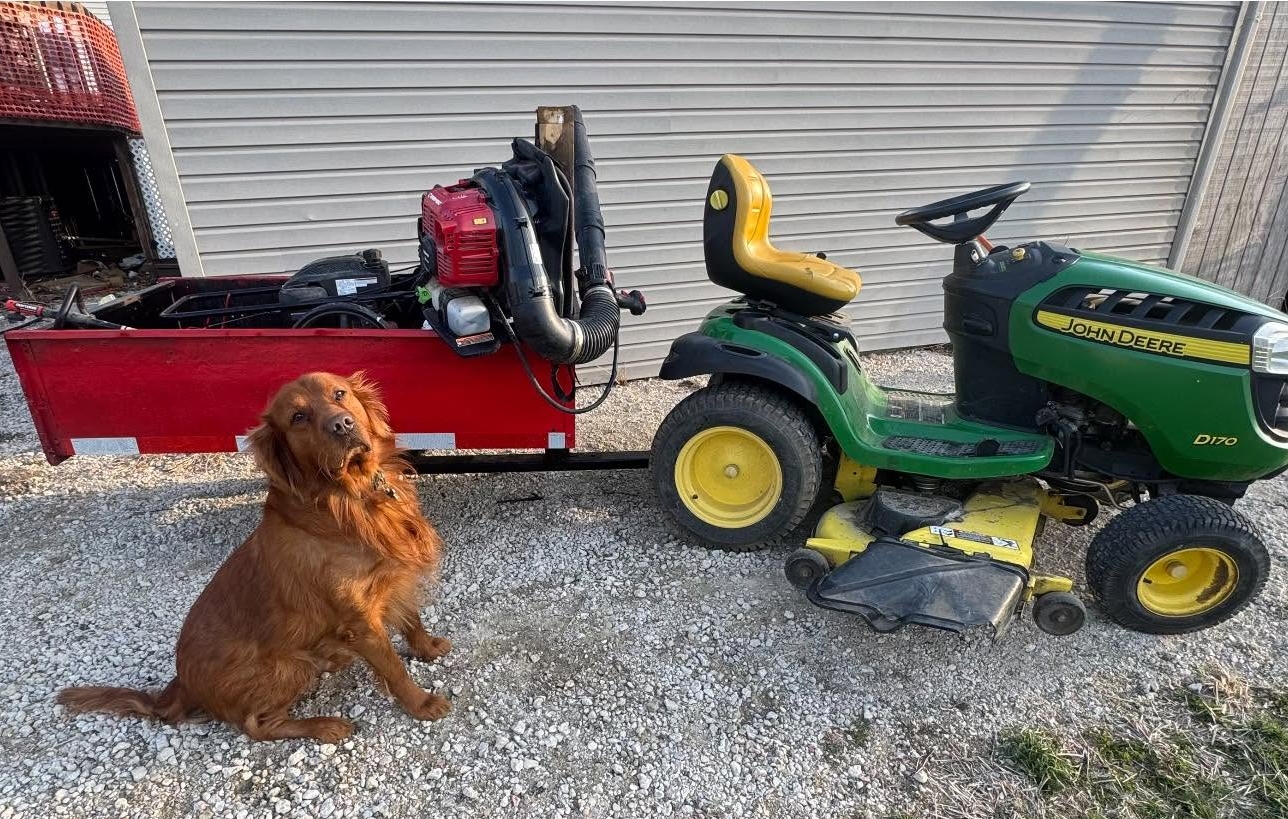 Clean Cutz John Deere riding mower with trailer, leaf blower, and the shop dog